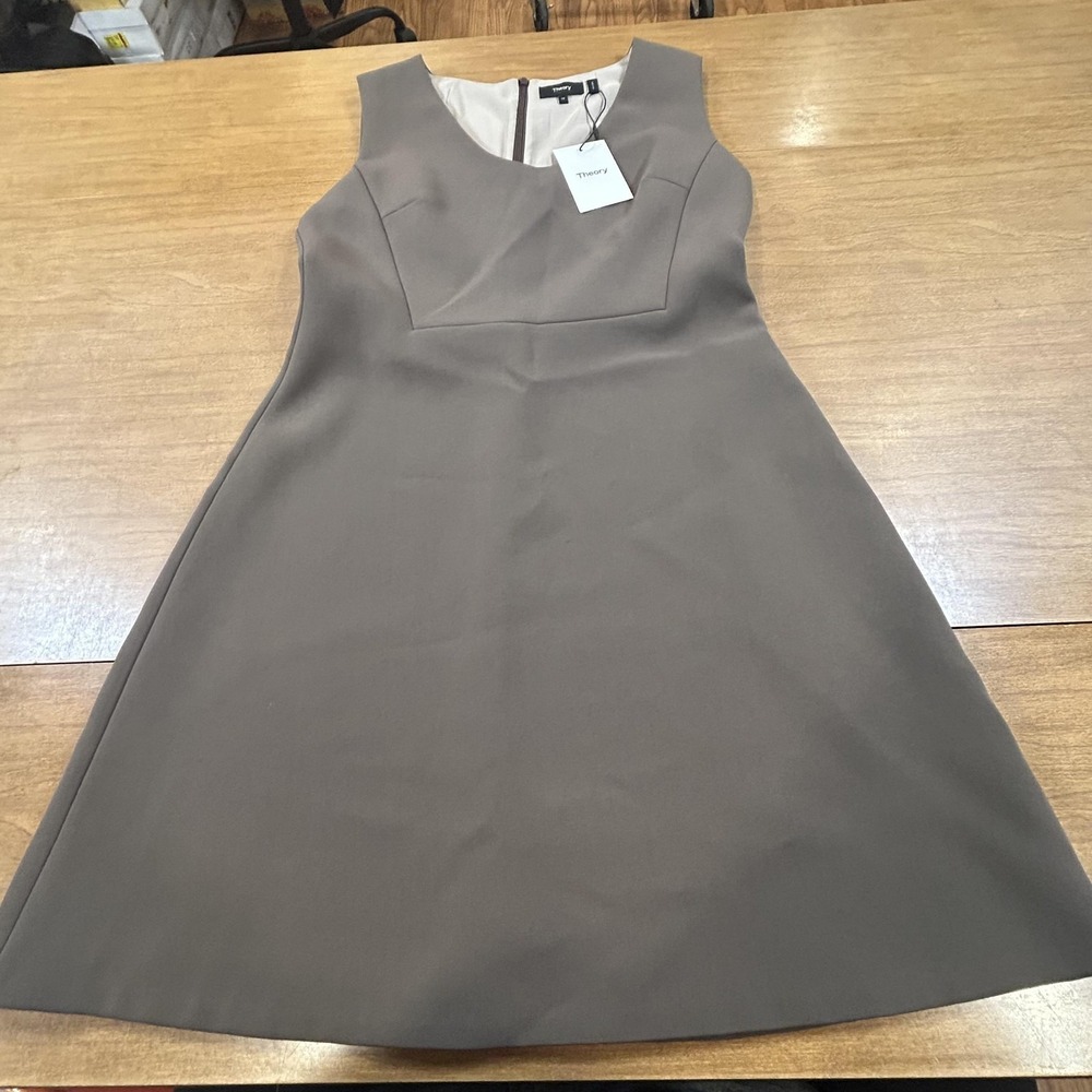 Theory Dress Womens 10 Brown Scoop Flounce Double Crepe Fit & Flare Sleeveless